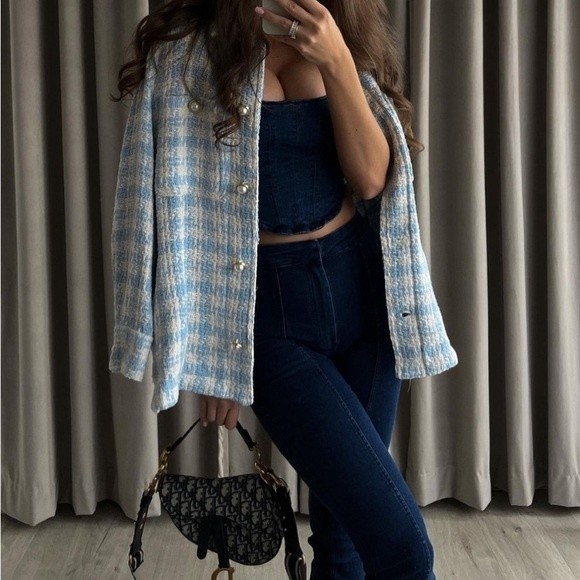 Zara Blue White Houndstooth Tweed Pearl Jewel Button Overshirt Shacket Jacket M - Picture 7 of 11